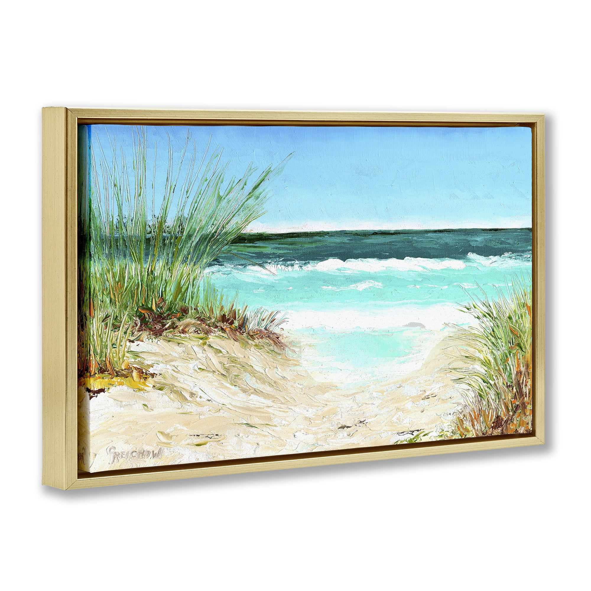 Stupell Industries Tropical Beach View Landscape & Nature Painting Gold Floater Framed Canvas Art Print Wall Art, 25 x 17