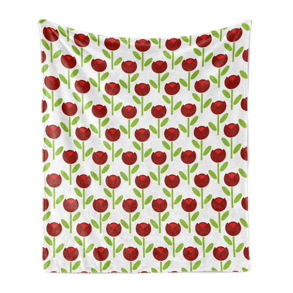 Floral Soft Flannel Fleece Blanket, Repetitive Burgundy Tone Tulips Simplistic Arrangement on Plain Backdrop Print, Cozy Plush for Indoor and Outdoor Use, 60" x 80", White Lime Green, by Ambesonne