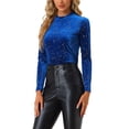 thumbnail image 4 of INSPIRE CHIC Women's Star Print Round Neck Long Sleeve Velvet Blouses L Blue, 4 of 5