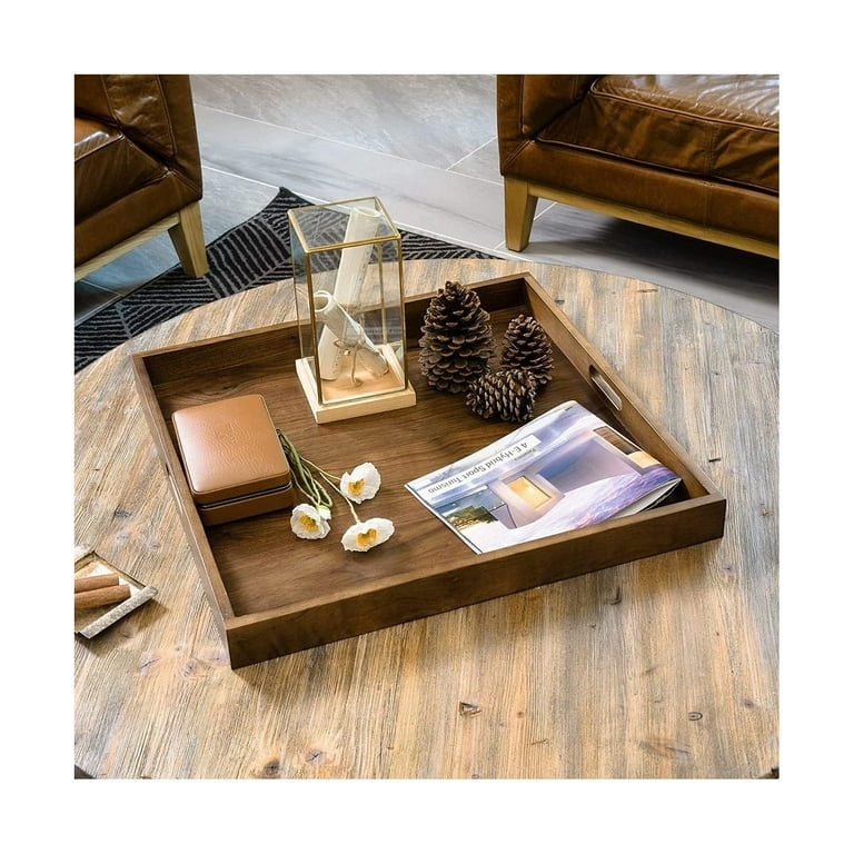 CodYinFI 24 x 24 inches Ottoman Tray Extra Large Black Walnut Wood Trays with Handles Square Wooden Solid Serving Tray for Oversized Ottoman Home