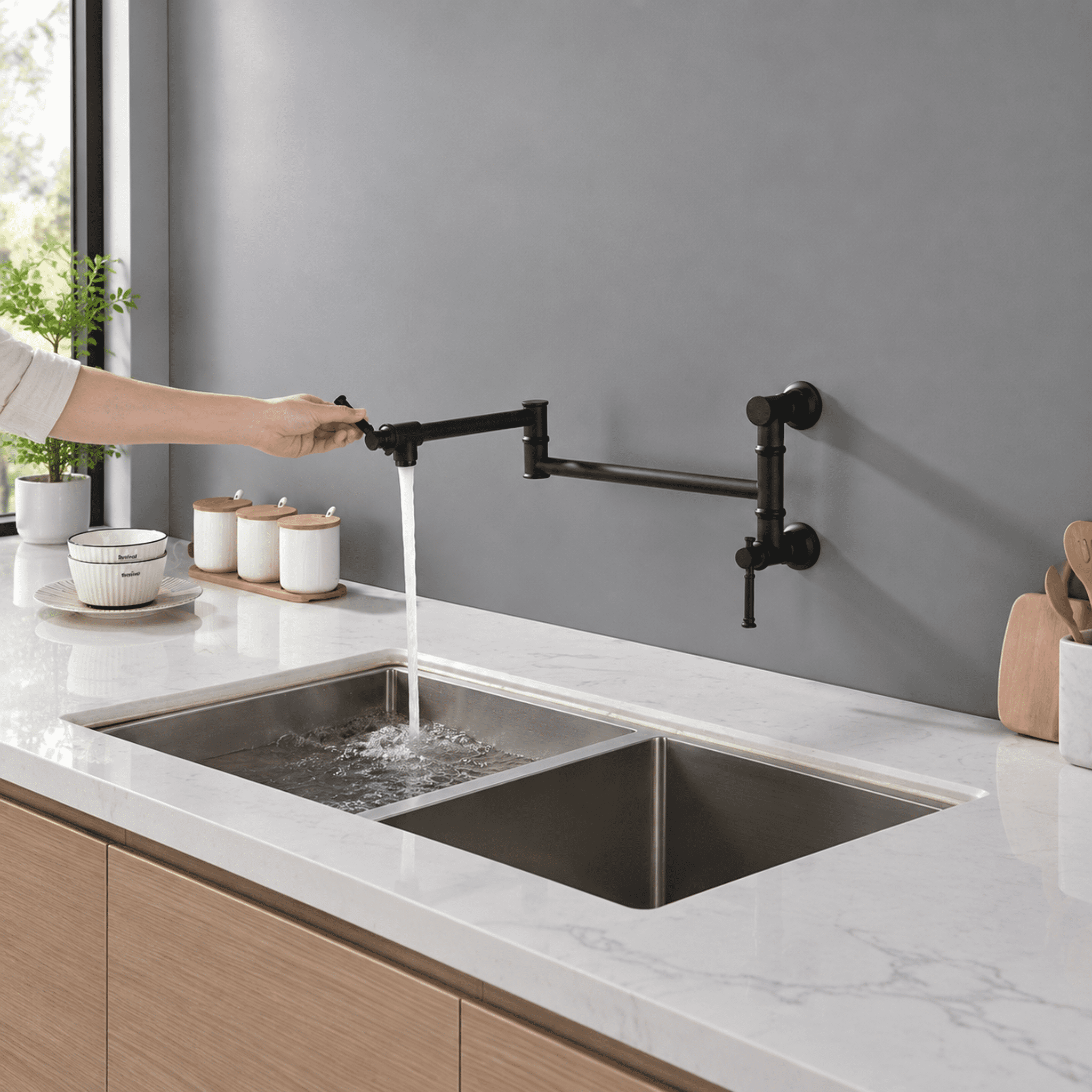 Wall mounted Pot Filler Faucet, Modern Brass Pot Filler Two-Attachment Wall Mount Folding Kitchen Pot Filler Swing Arm