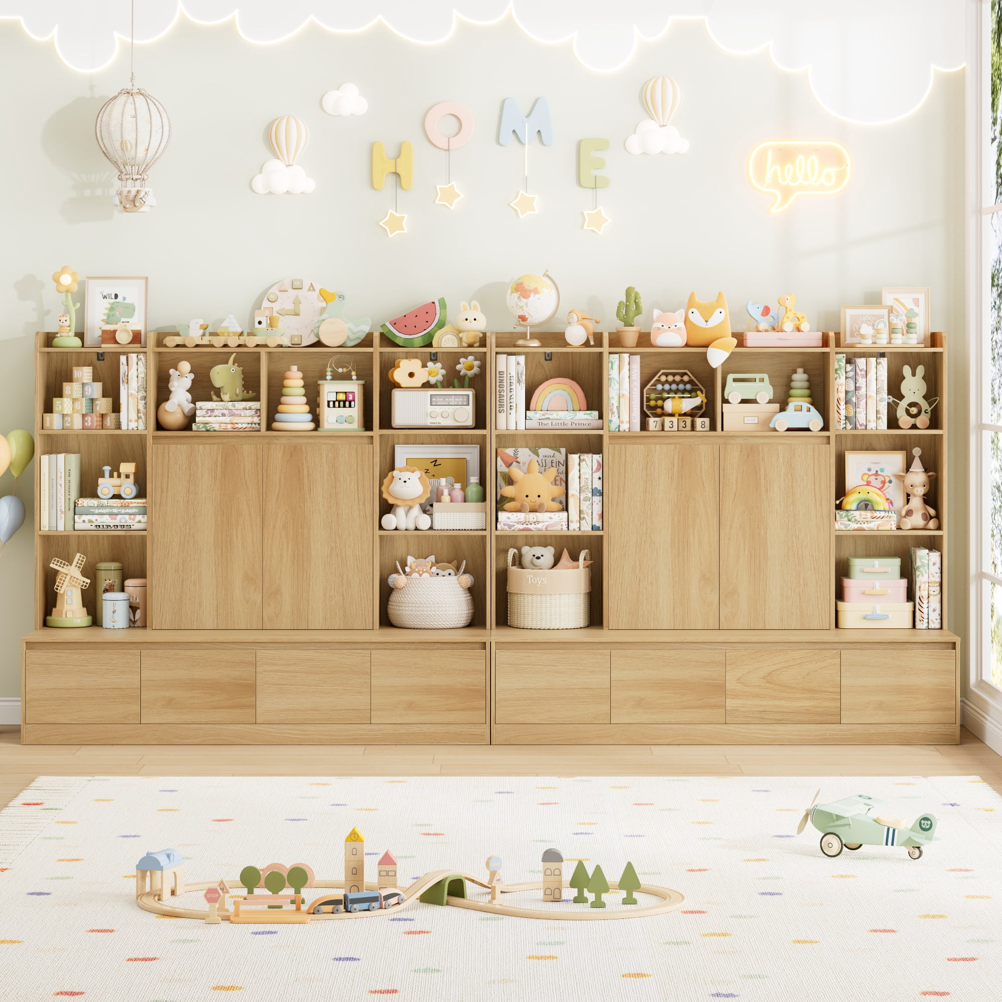 Homfa 10 Cubes Kids Toy Storage Organizer, 4 Drawers Kids Bookcase and Bookshelf with Doors & Adjustable Shelves for Playroom Kids Room, Natural Color