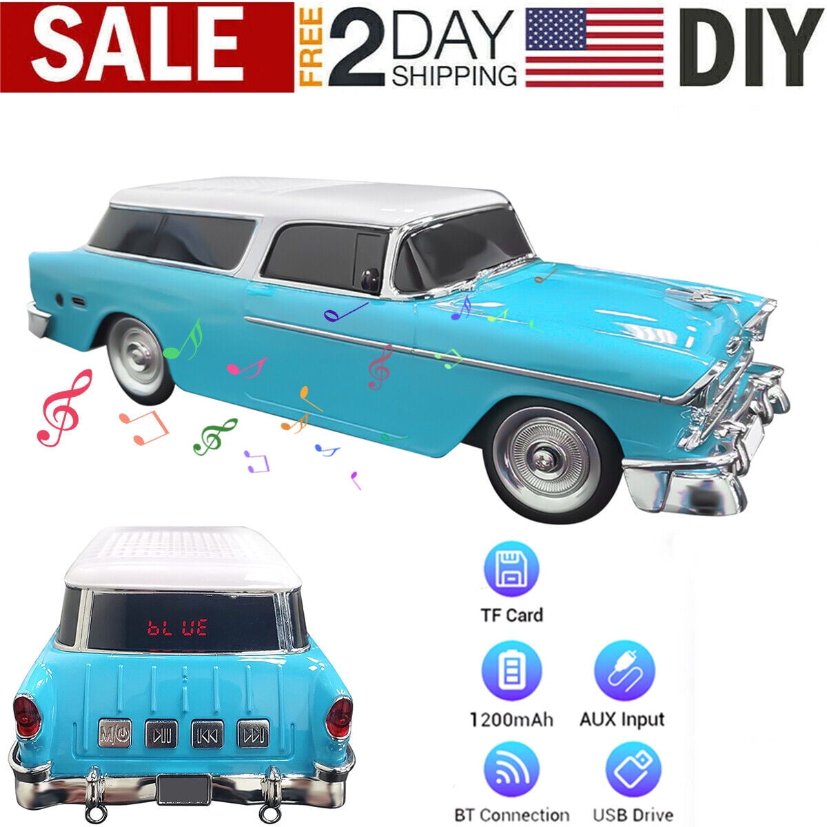 Portable Bluetooth Speaker Rechargable 1955 Vintage Retro Car Portable Wireless FM AUX USB Blue