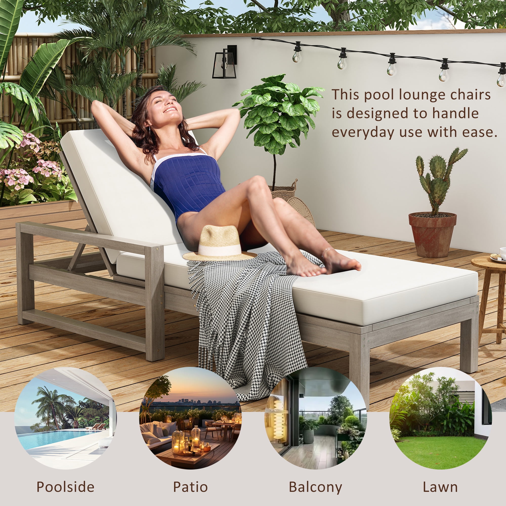Cushioned 5 Position Lounge Chair, Outdoor Patio Recliner with Soft Pad for Backyard Deck, Gray