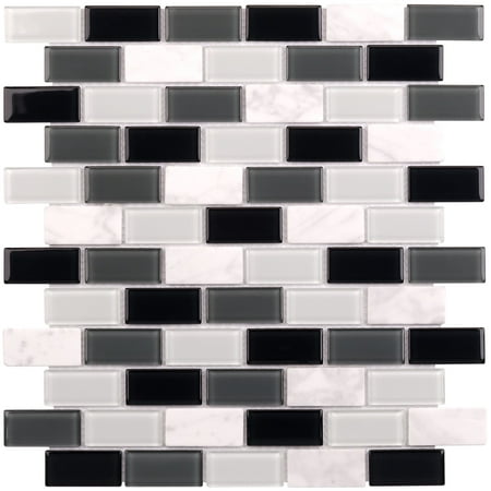 MTO0165 Pillowed 1X2 Squares Black Gray White Glossy Matte Glass Stone Mosaic
