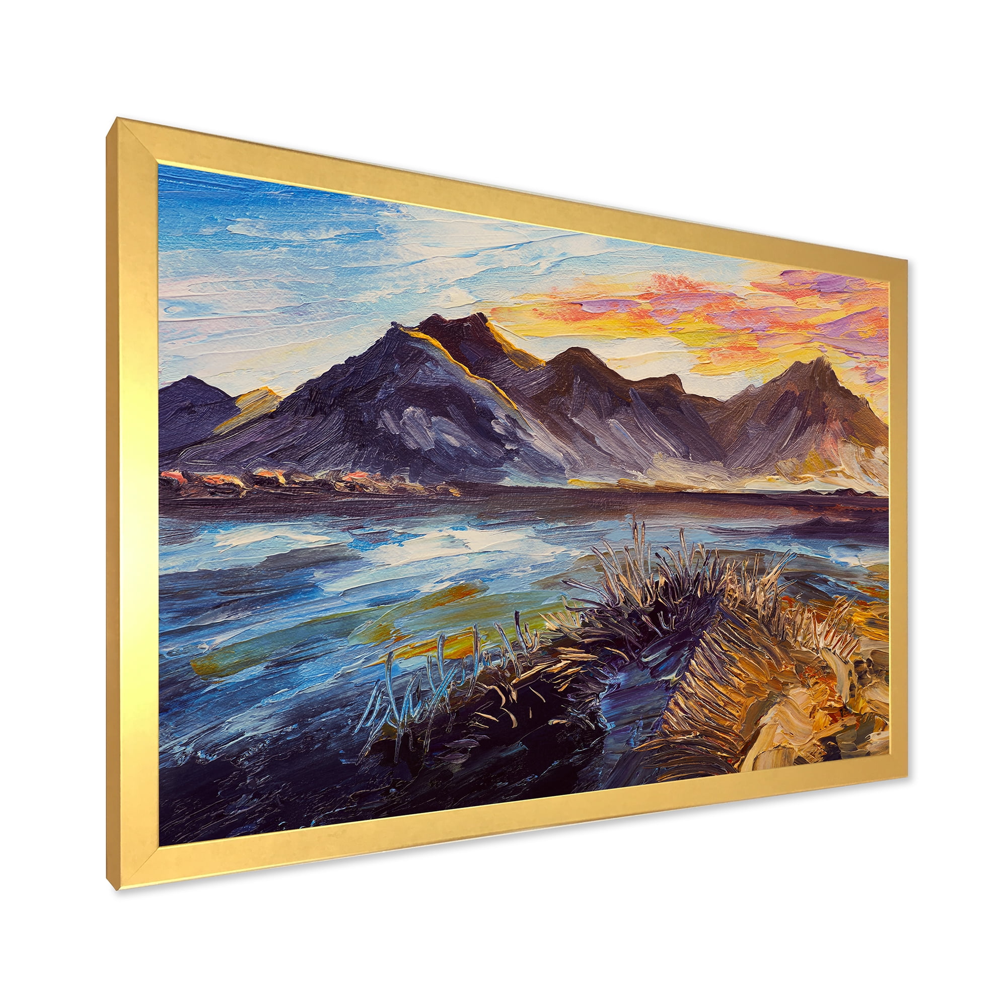 Designart 'Impression Pink Sunset Over The Mountains By The Sea' Nautical & Coastal Framed Art Print