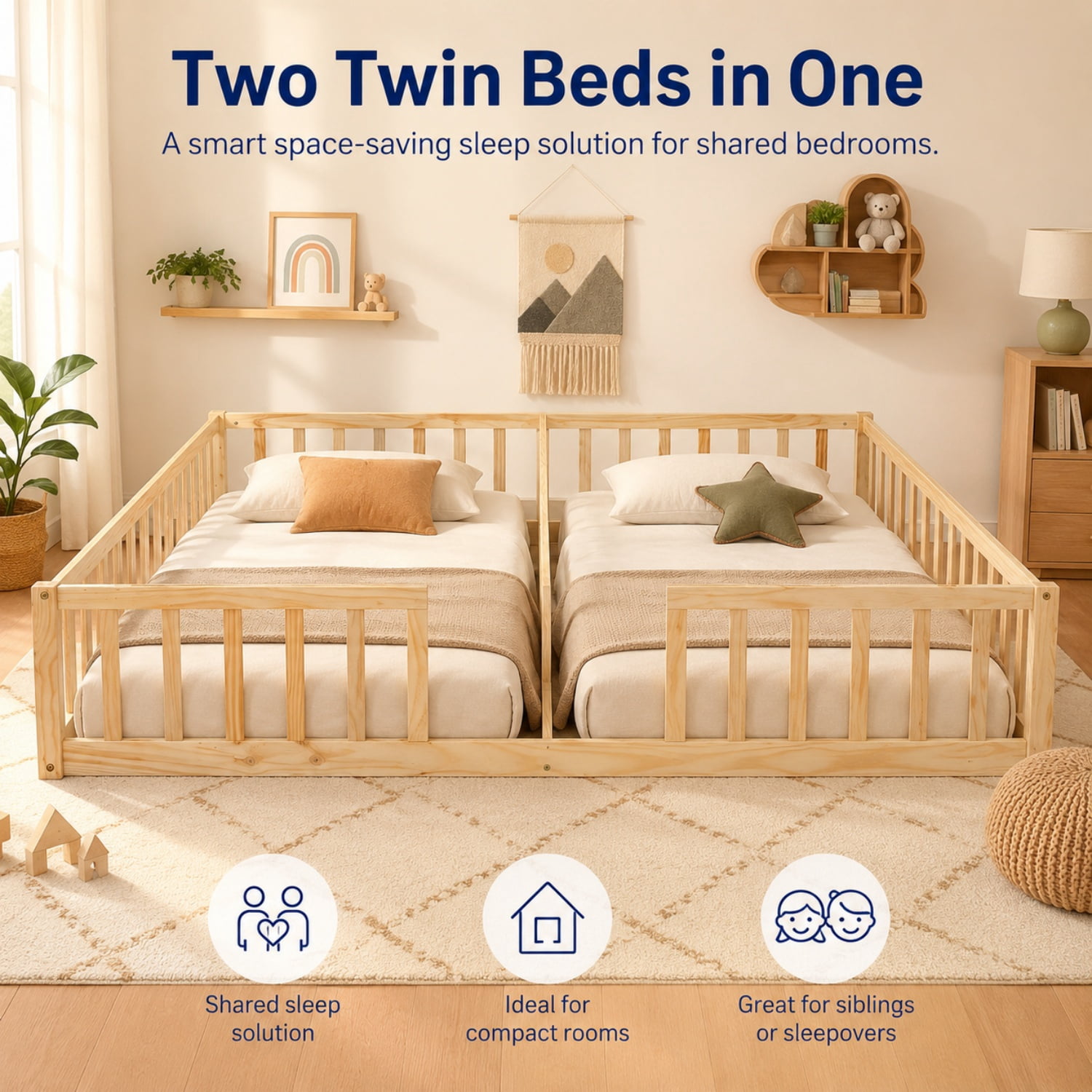 Miniyam Double Twin Floor Bed for Kids, Wood Bed Frame with Guardrails, Low Profile Design, Natural