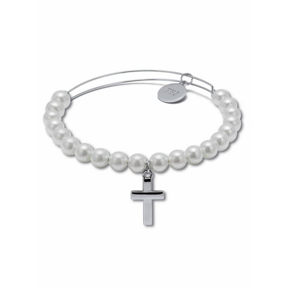 PalmBeach Jewelry Genuine Cultured Freshwater Pearl Silvertone Cross Charm Bangle, 7.5 Inches