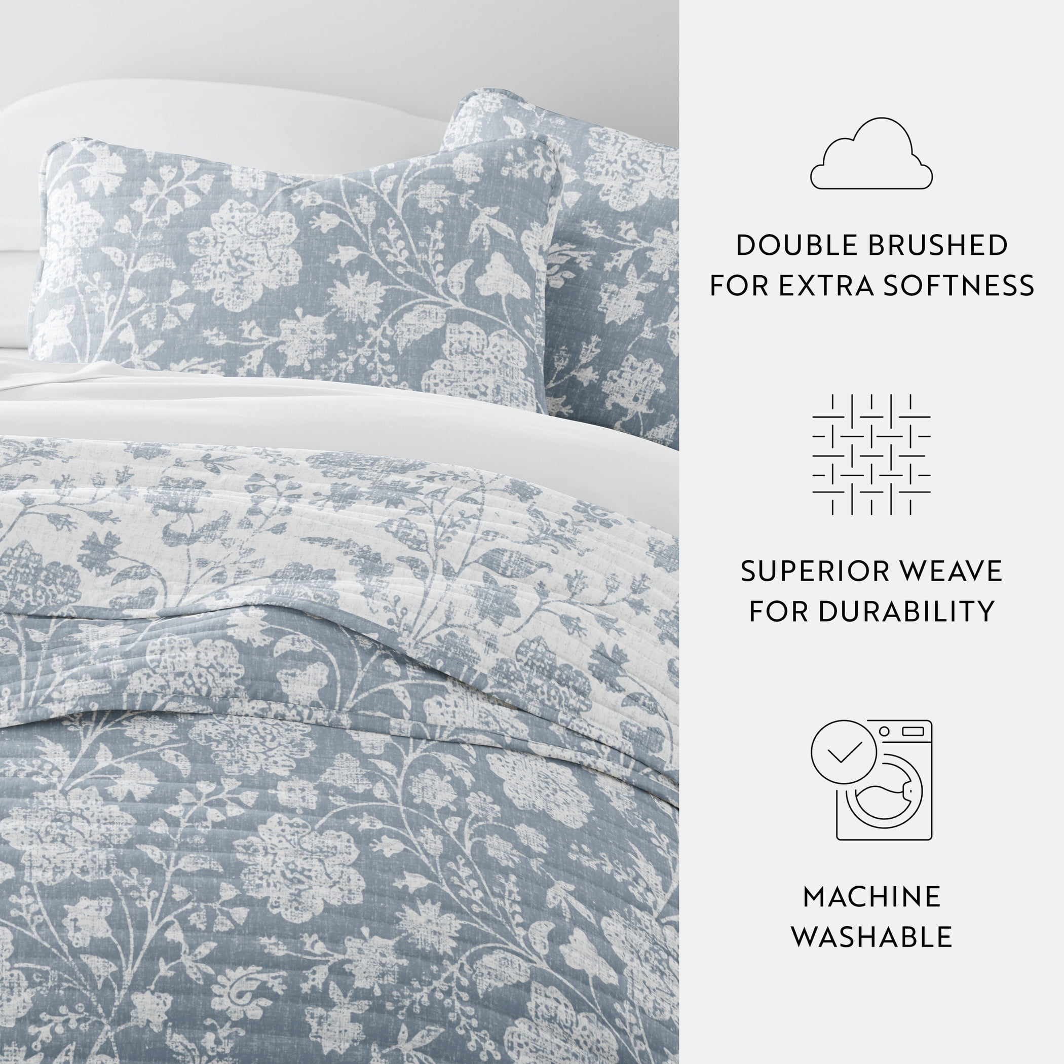 Noble Linens 3-Piece Light Blue Textured Floral Reversible Quilt Set, Twin