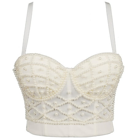 Women Summer Sexy Spaghetti Strap Bustier Bra Imitation Pearl Beaded Push Up Camisole Vest Club Party V-Neck Corset Crop Top Bralette