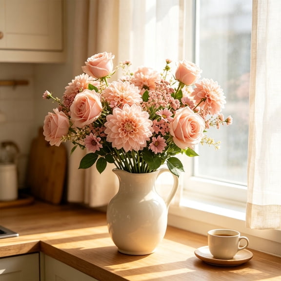 Artificial Flower Bouquet Mixed Floral Hand Tied Roses Hydrangea Chrysanthemum for Vase Home Wedding Party Living Room Dining Table Decor