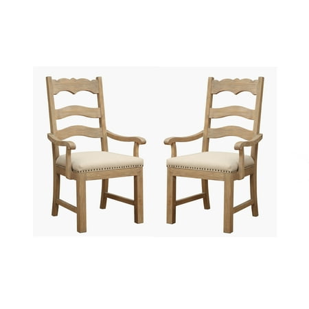 - Emerald Home Barcelona Rustic Pine and Beige Dining Arm Chair with Curved Arms, Upholstered Seat, And Nailhead Trim, Set of Two