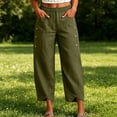 thumbnail image 5 of longantii Linen Capri Pants for Women Cropped Boho Wide Leg Palazzo Pants Elastic Waist Summer Beach Lounge Pant Side Button Casual Capri Trousers with Pockets Army Green L, 5 of 7