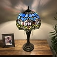 thumbnail image 3 of Tiffany Table Lamp Blue Purple Stained Glass Tulips LED Bulbs Included Vintage For Living Room Bedroom Bedside 12"W*12"D*22"H, 3 of 6