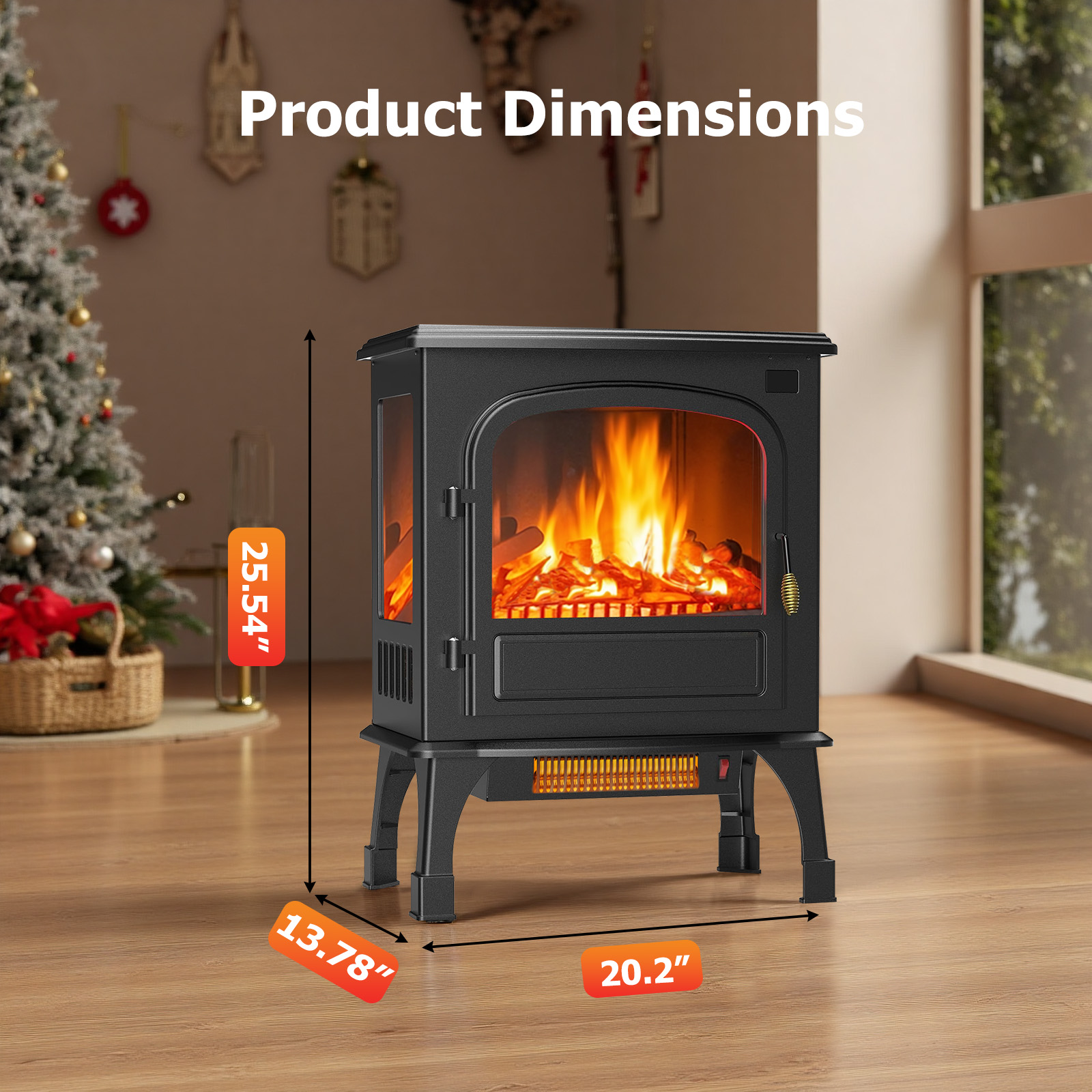 Atilioo 26" Electric Fireplace Stove, Freestanding 3D Flame Energy Saving Space Heater with Remote, Overheating Protection, 12H Timer, Single Door, Black Metal