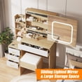 thumbnail image 2 of Towallmark Coiffeuse Moderne avec Miroir Coulissant à DEL, 4 Tiroirs, Prise de Courant, Étagères de Rangement, Éclairage Réglable, Tabouret Rembourré – Table de Maquillage pour Chambre, Couleur Bois, 2 of 7