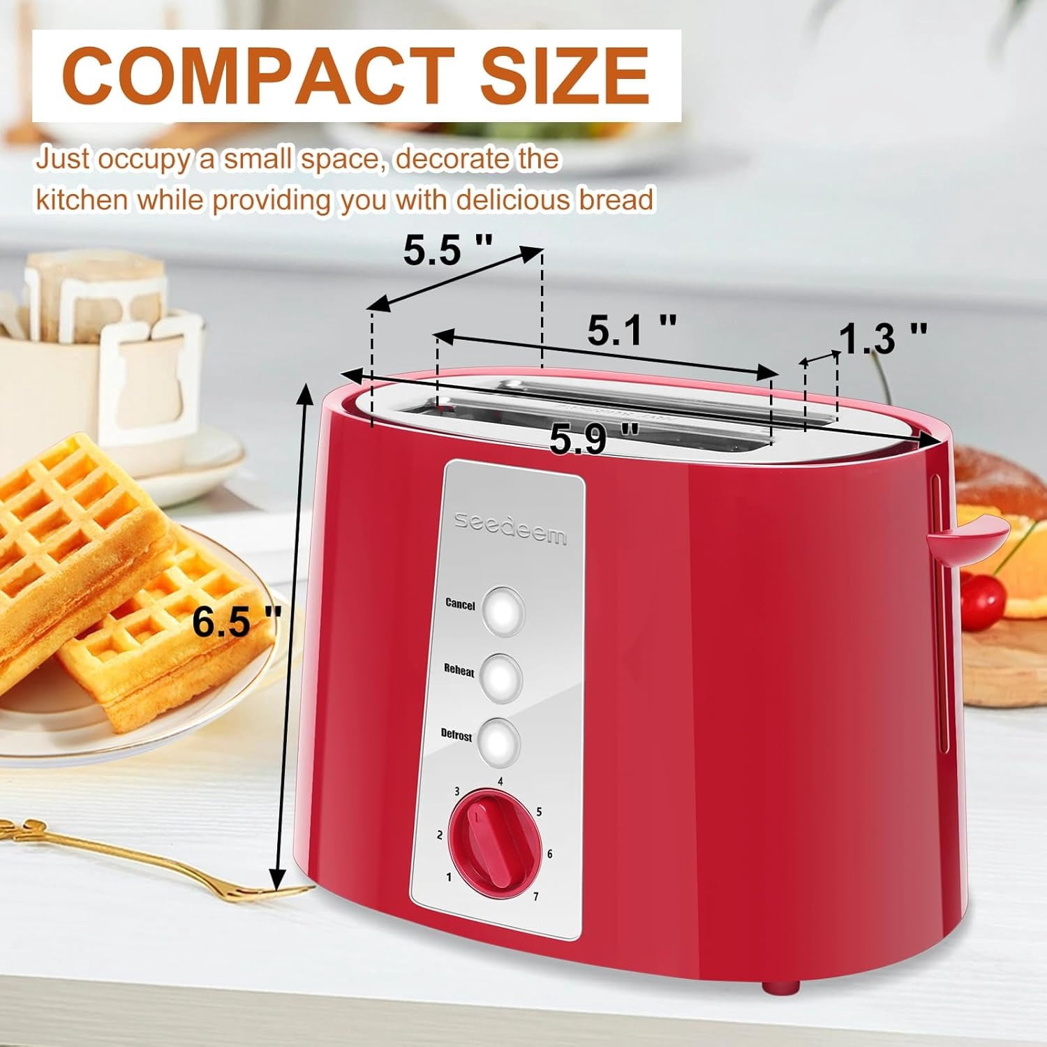 Toaster 2 Slice, Extra Wide Slot Toaster, 7 Shade Settings, Bread Toaster with Cancel, Defrost, Reheat Function, Extra Wide Slots for Waffle or Bagel, Removable Crumb Tray, 750W, Retro Red