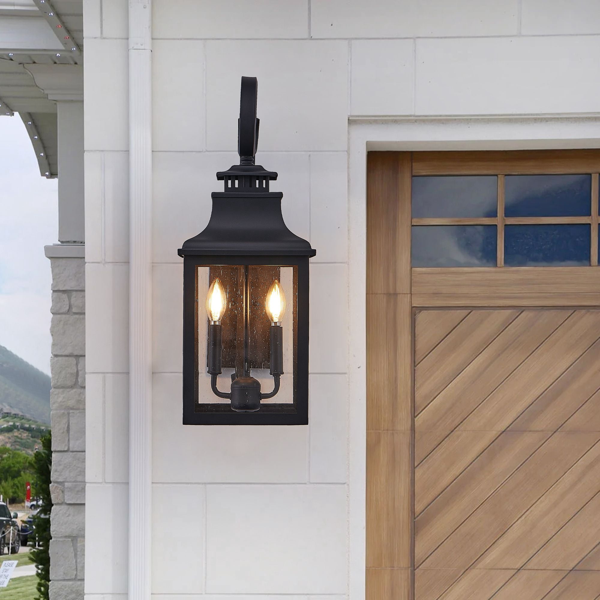 23 Inch Vintage Black Outdoor Wall Lantern Light, Single Sconce with Clear Seeded Glass Shade for Porch, Patio, Garden - Hardwired (Bulbs Not Included)