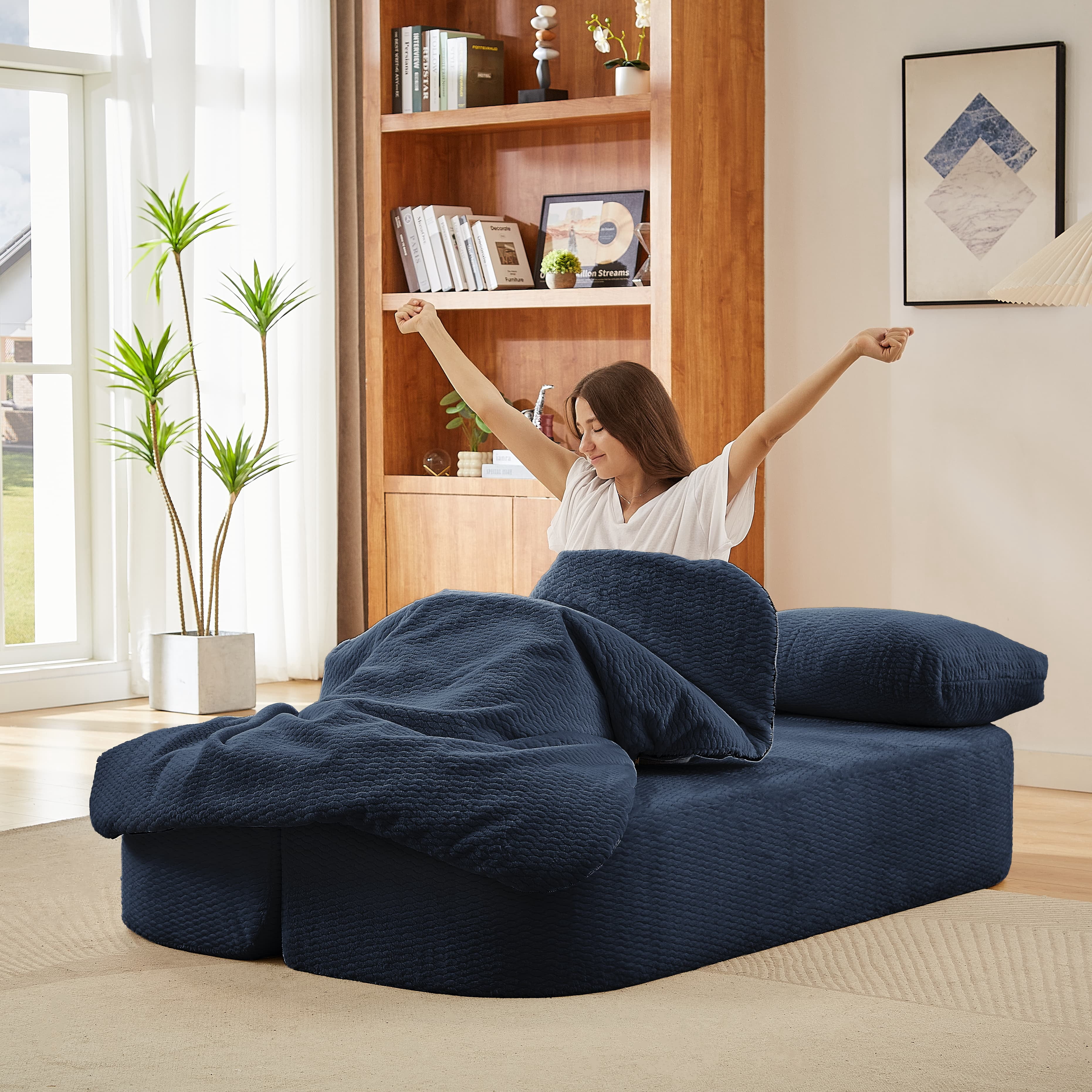 MAYEERTY Convertible Plush Sofa Bed, Modern Folding Compression Sleeper Couch for Living Room, 75*41*26"Dark Blue