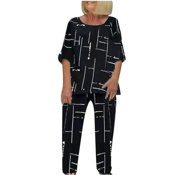 ibuvkizy Two Piece Sets for Women Summer Casual Outfit Sets,Women Jogger Outfit Plus Size,Women's Print Round Half Sleeve Pullover Shirt Tops Pants Trousers Set