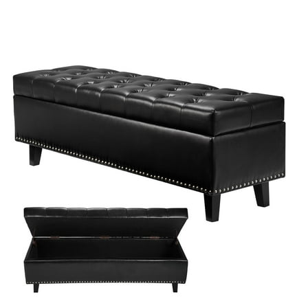 KFFKFF 51" Leather Ottoman Bench, Button-Tufted Ottoman Storage with Solid Wood Legs, Holds up to 660 Lbs, Suitable for Bedroom, Entryway, Black