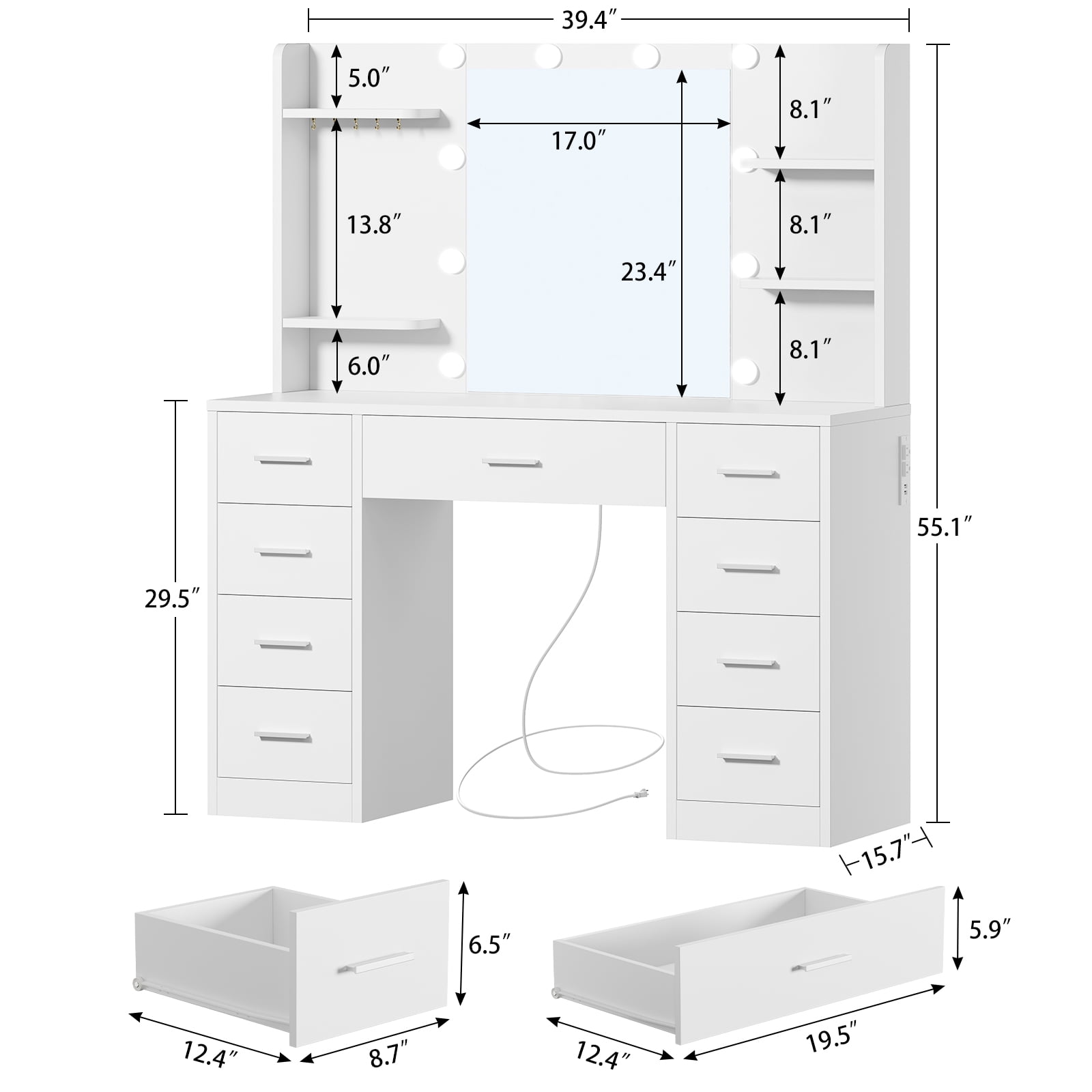 TEENFON Large Vanity Set with Mirror & Power Outlet, Makeup Vanity Desk with 9 Drawers,4 Shelves and 5 Hooks,Vanity Table for Bedroom, White