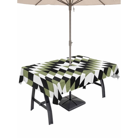 Outdoor Tablecloth with Umbrella Hole and Zipper, Green Aztec Rectangle Table Cloth 60x120 Inch Waterproof Tablecloth, Black White Southwest Retro Geometric Picnic Table Cover for Patio Camping