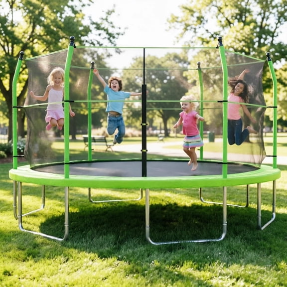 LuckyNote 16ft Trampoline with Ladder & Enclosure Net, Heavy Duty Outdoor Backyard Trampoline for Kids and Adults, Black Green