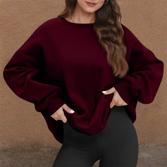 Dwellite Womens Casual Long Sleeve Sweatshirt Oversized Crew Neck Cute Hoodie Pullover Loose Fit Tops with Pocket Wine S