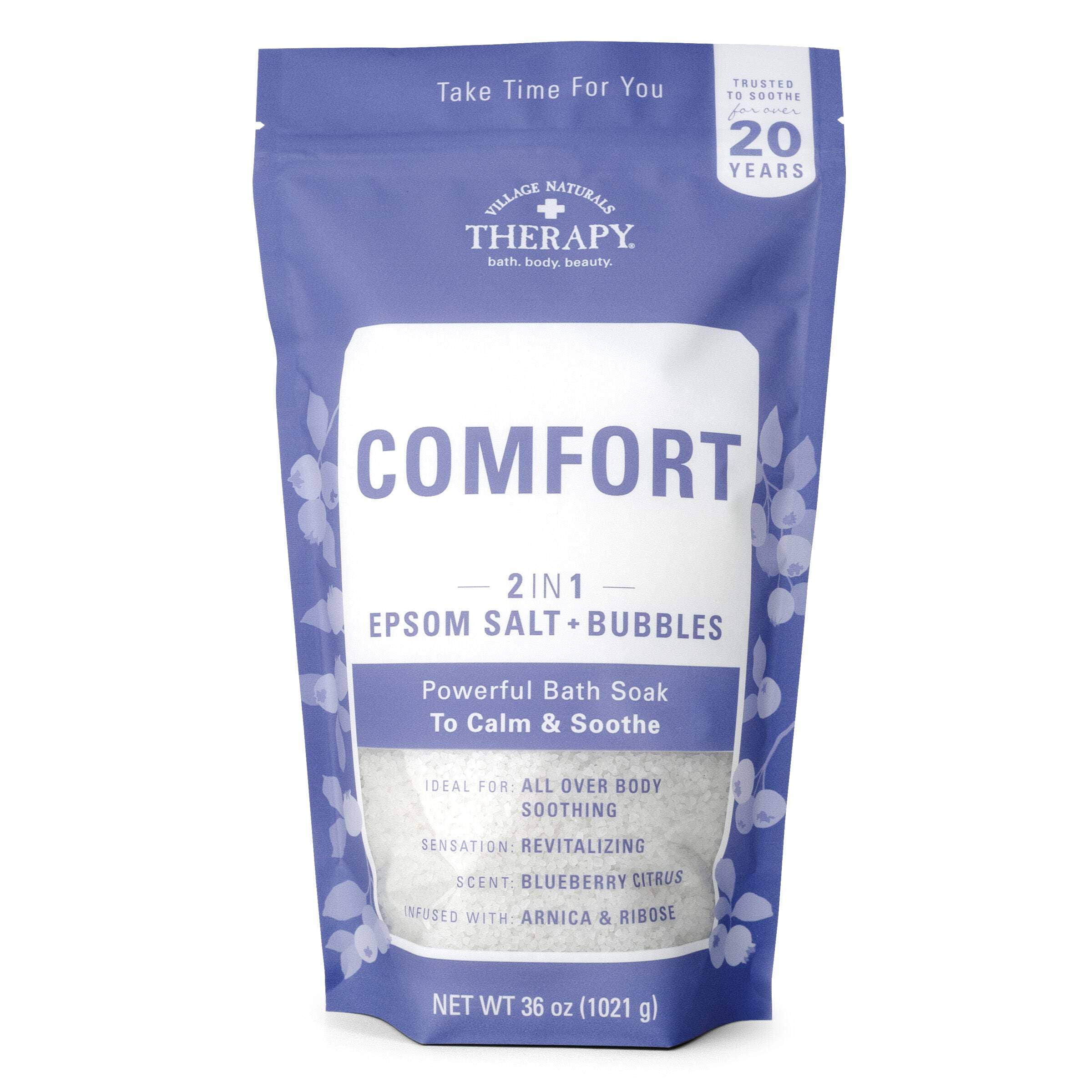 Dr Teal's Epsom Salt Magnesium Soak, Glow & Radiance with Vitamin C & Citrus Essential Oils, 3 lbs & Village Naturals Therapy Comfort 2in1 Foaming Epsom Bath Soak, Blueberry Citrus Scent Bundle