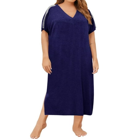 

Langwyqu Women Plus Size V-Neck Short Sleeve Loose Sleeping Dress Nightgown