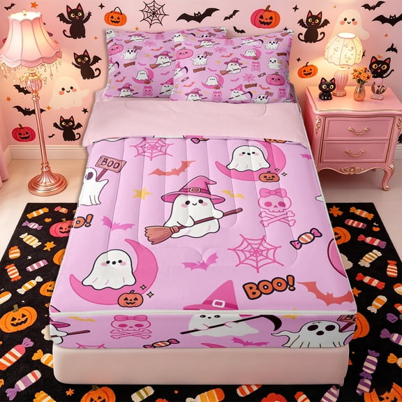 Manfei Cute Ghost Sugar Skull Zipper Twin Comforter Sets with Fitted Sheet and 2 Pillowcases, Halloween Spooky Pumpkin Zipper Bedding Set, Hot Pink White,Pink Reversible,4 Pieces