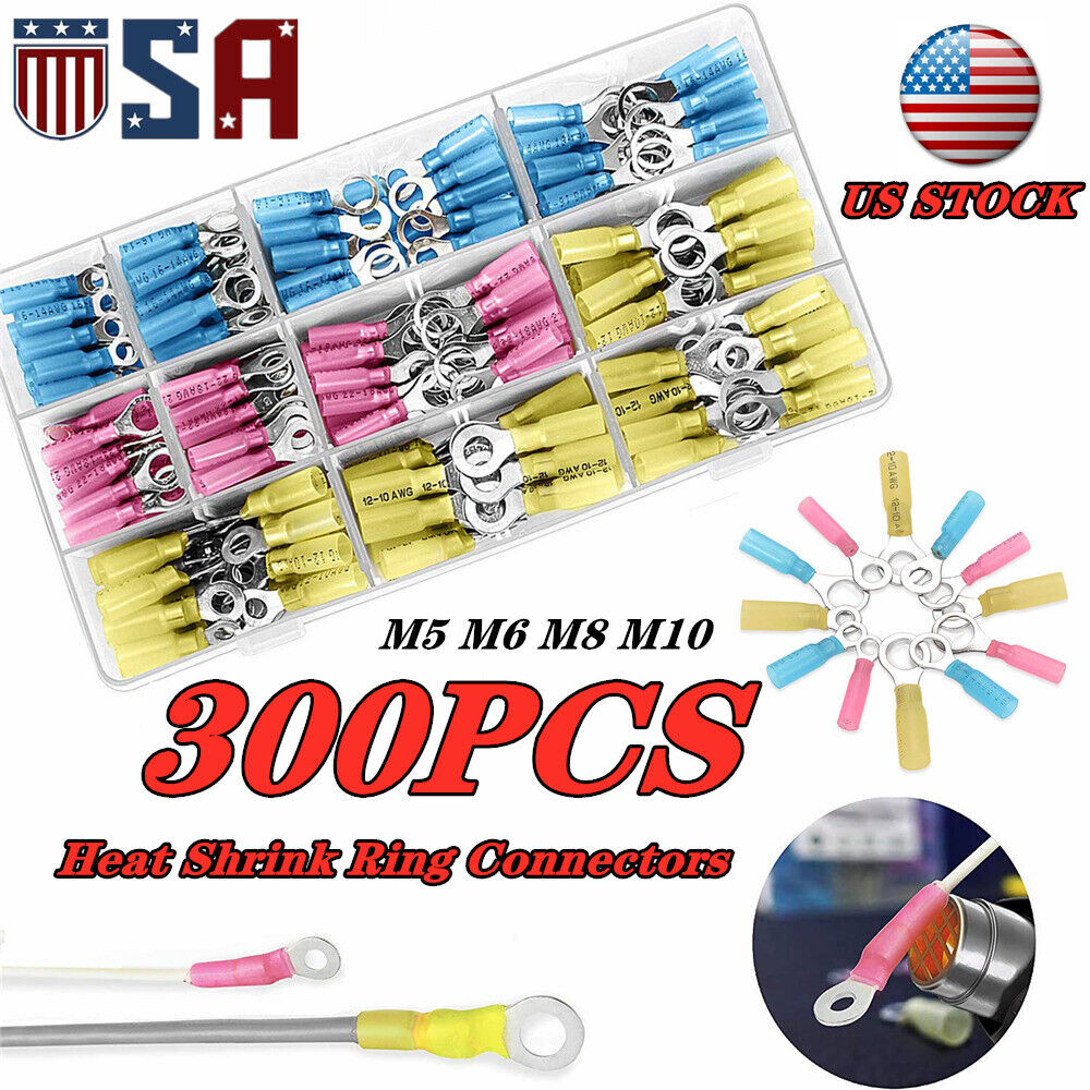 300Pcs Heat Shrink Wire Connectors M5/M6/M8/M10 Ring Spade Crimp Terminals