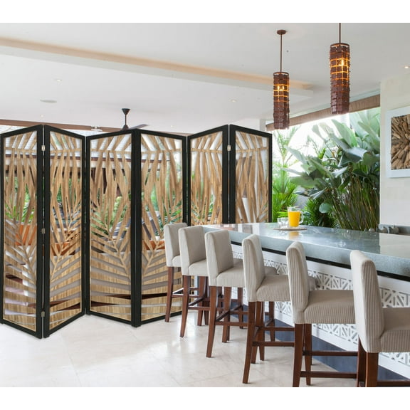 3 Panel Room Divider with Tropical Leaf Design