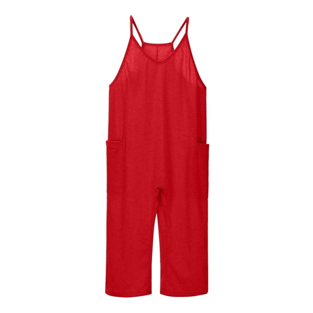FAOWME Combinaison Décontractée Sans Manches pour Filles, Bretelles Spaghetti, Combinaisons Amples, Pantalons Longs avec Poche, 1 Pce, Rouge 4-5 Ans