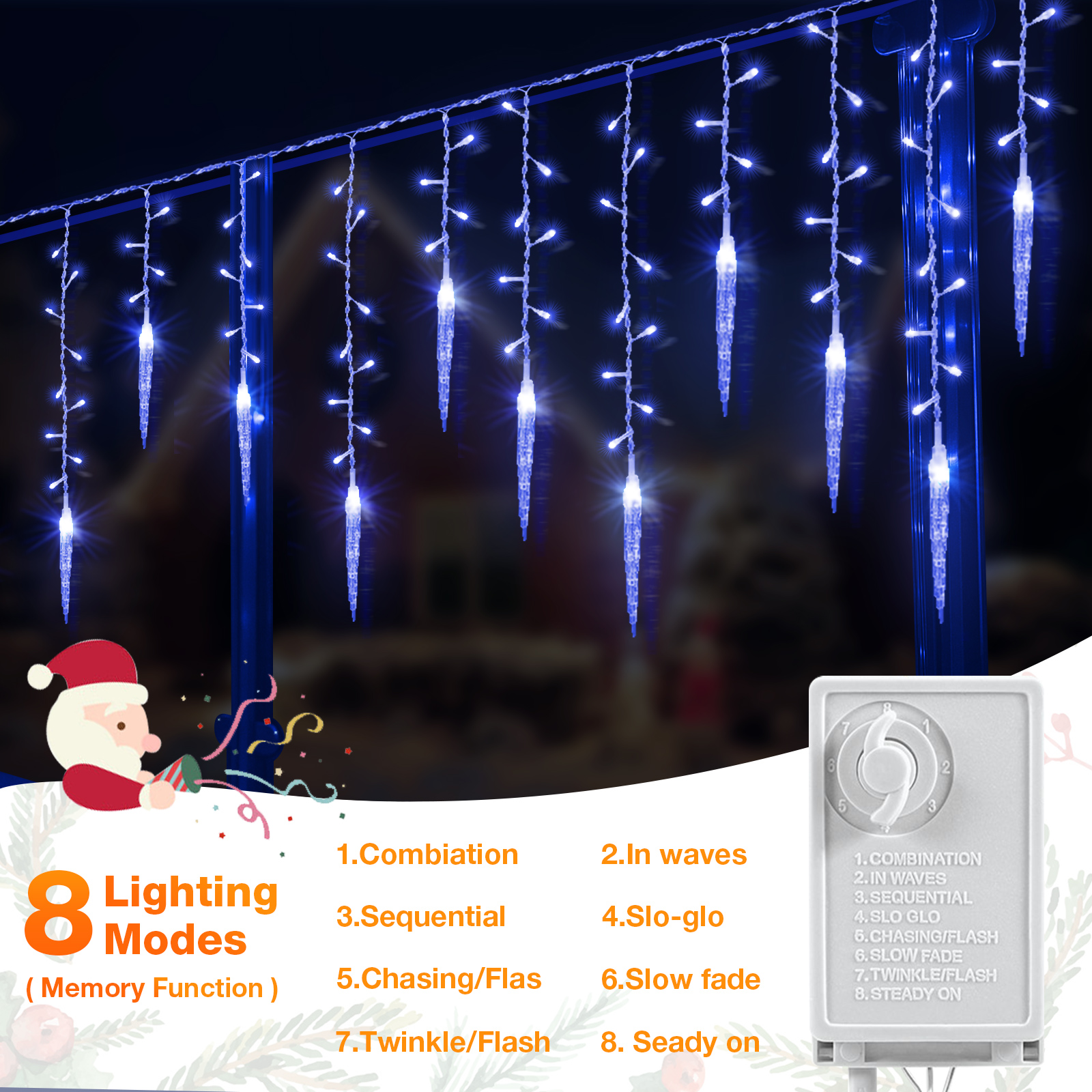 DONGPAI Christmas Icicle Lights, 11.5Ft 96 LED 8 Modes Icicle String Lights with 16 Drops Window Curtain Fairy Lights Outdoor Indoor for Christmas Wedding Holiday Decor