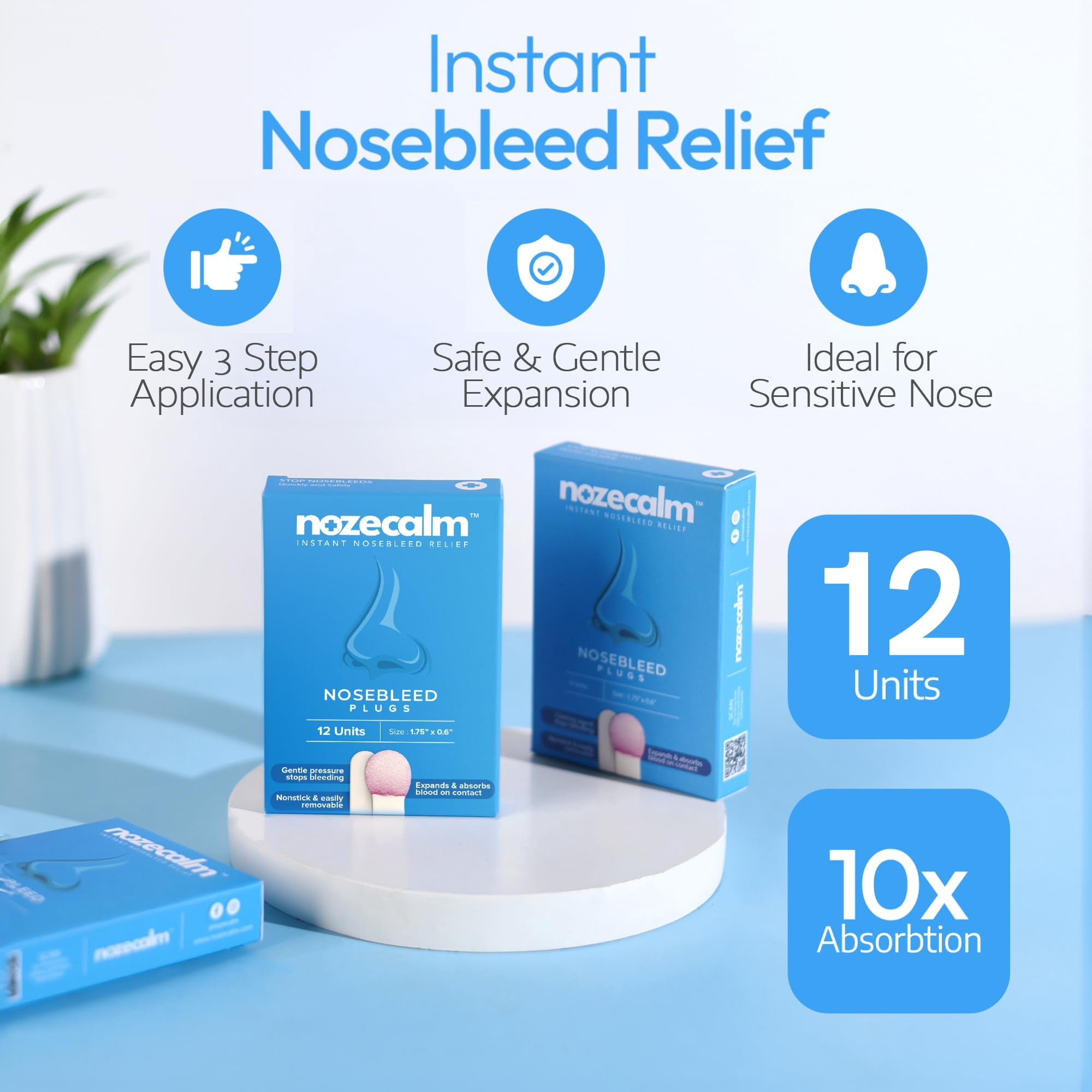 NozeCalm Nose Bleed Stopper- 12 Counts - Nasal Plugs for Kids, Adults & Seniors, Fast-Acting Non-Stick Plugs - Zero-Chemical Bloody Nose Solution