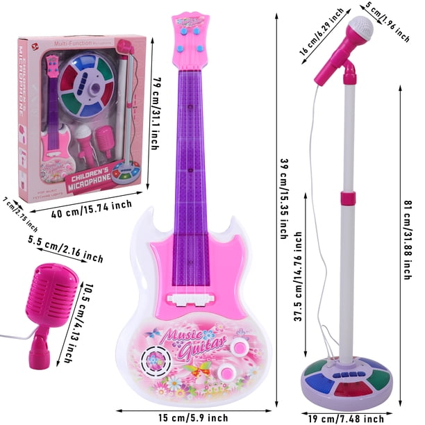 TAKIHON Juego de guitarra y micrófono para niños, juguetes de guitarra con música y luz colorida, micrófono de altura ajustable con soporte, juguetes de karaoke de regalo para niños, niñas, bebés