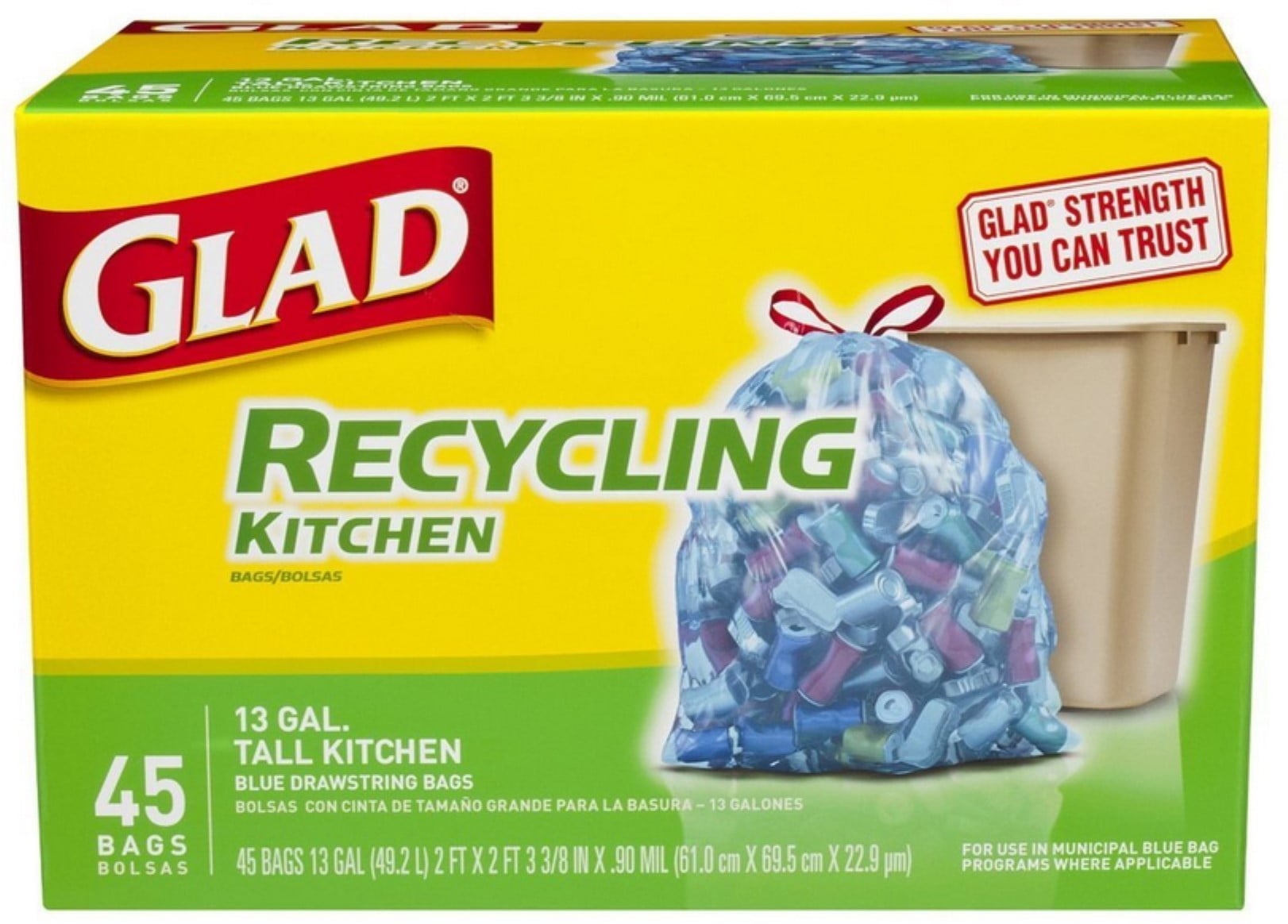 Glad Recycling Tall Kitchen Drawstring Trash Bags, 13 Gallon, Blue 45
