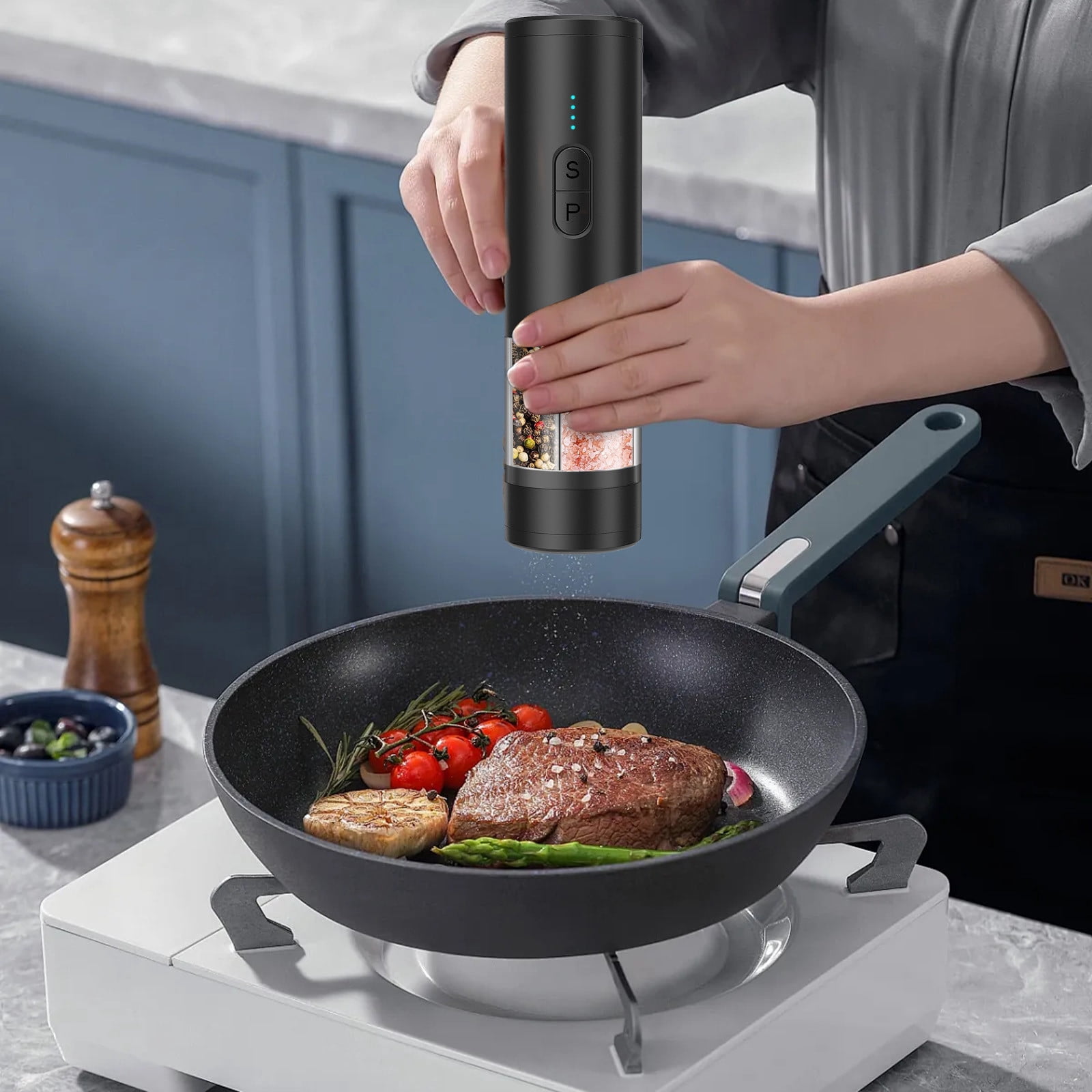 Seasoning And Pepper Grinder Set 2 In 1 USB Rechargeable Automatic And Pepper Mill Shakers With LED Light Battery Display Adjustable Coarseness Ideal For Kitchen