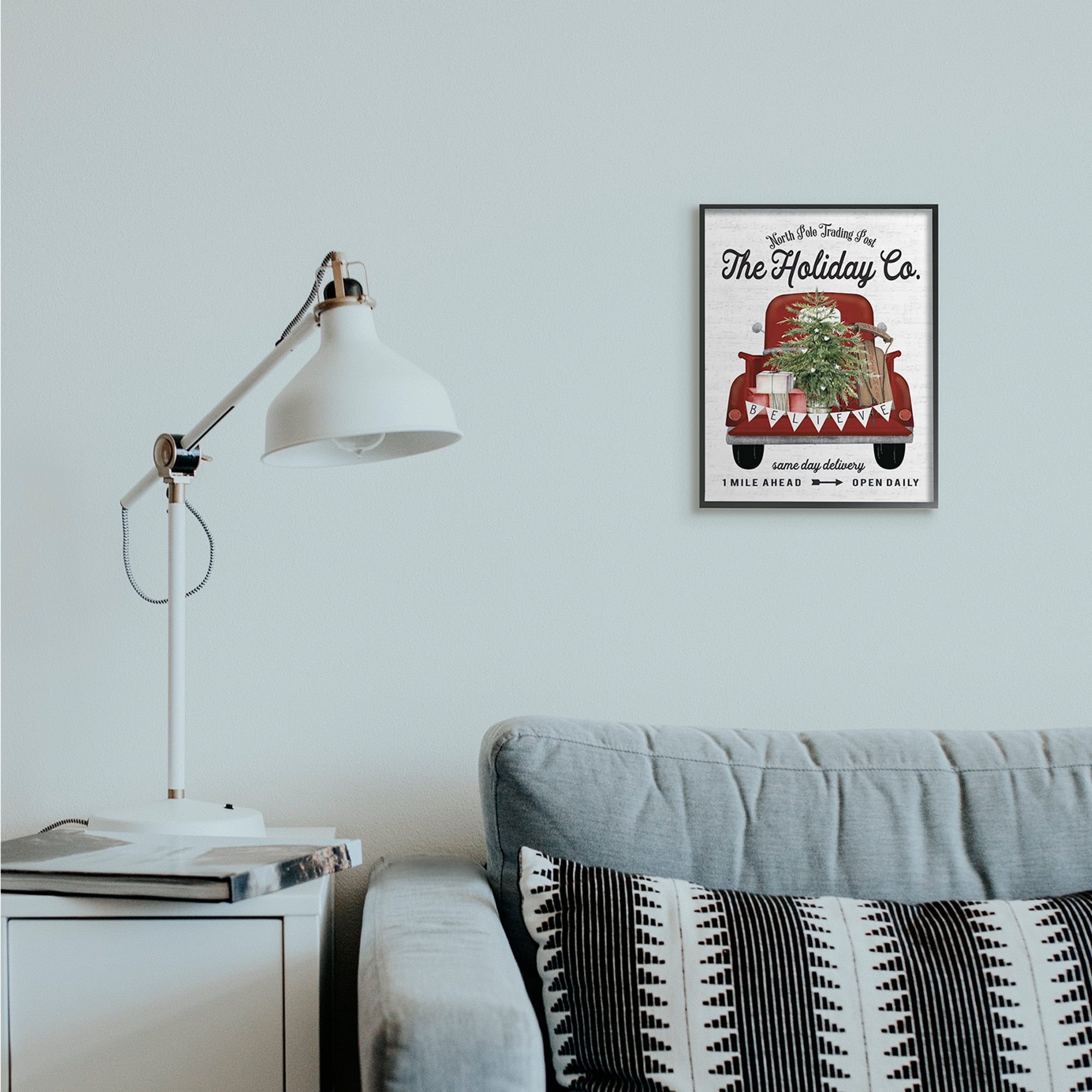 Stupell Industries Red Holiday Truck Winter Green Fir Tree Holiday Painting Black Framed Art Print Wall Art, 11 x 14