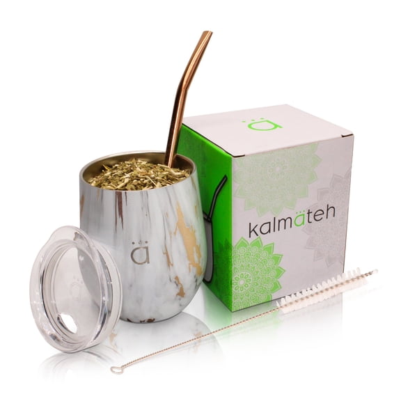 Kalmateh Yerba Mate Gourd- Modern 8 oz Mate Cup with BPA Free Lid- Double Walled 18/8 Stainless Steel - Includes Bombilla and Cleaning Brush (Gold Marble)