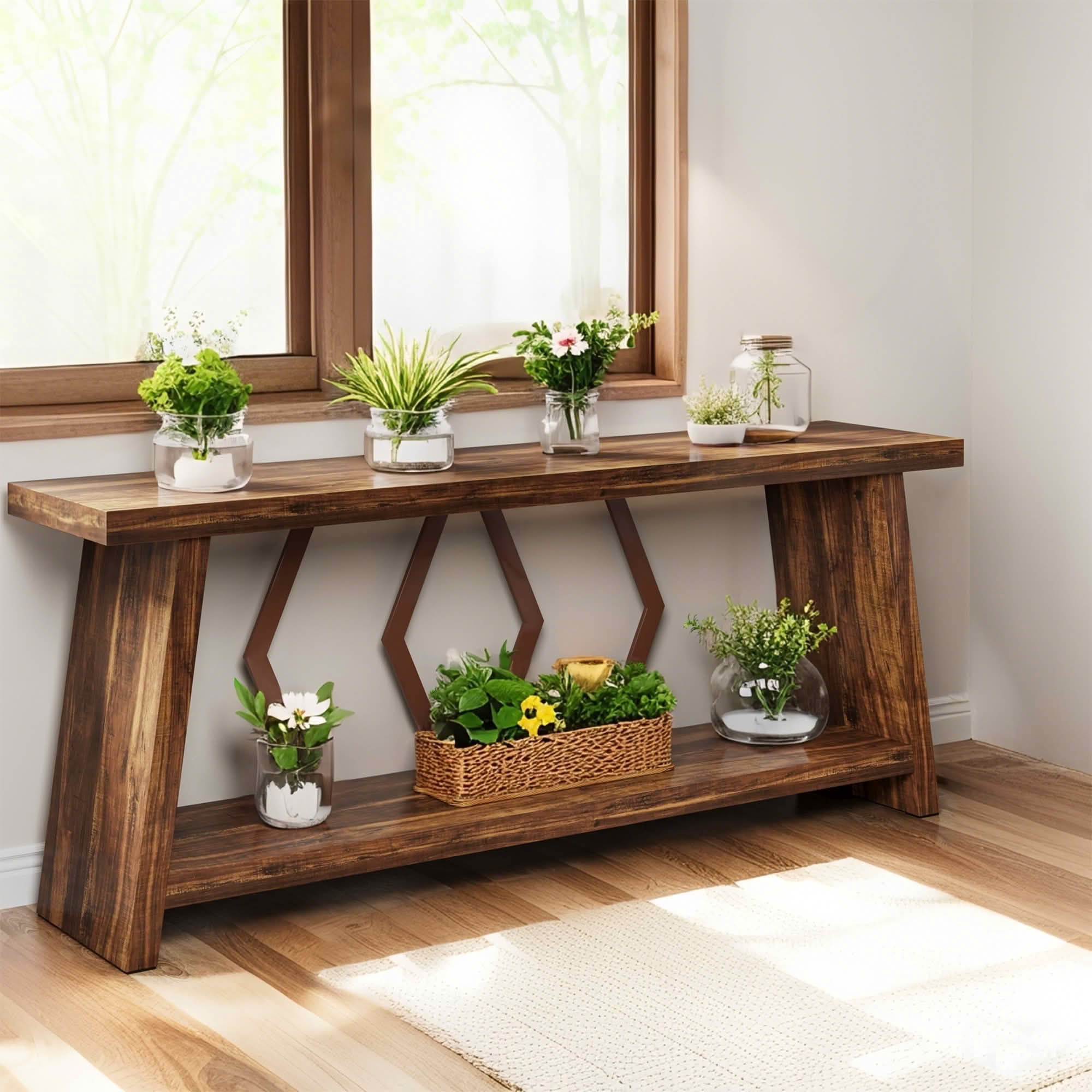 MAYEERTY 70.86" Extra Long 2-Tier Console Table, 1.97" Thick Wood Top Angular Rustic Metal Frame Sofa Table