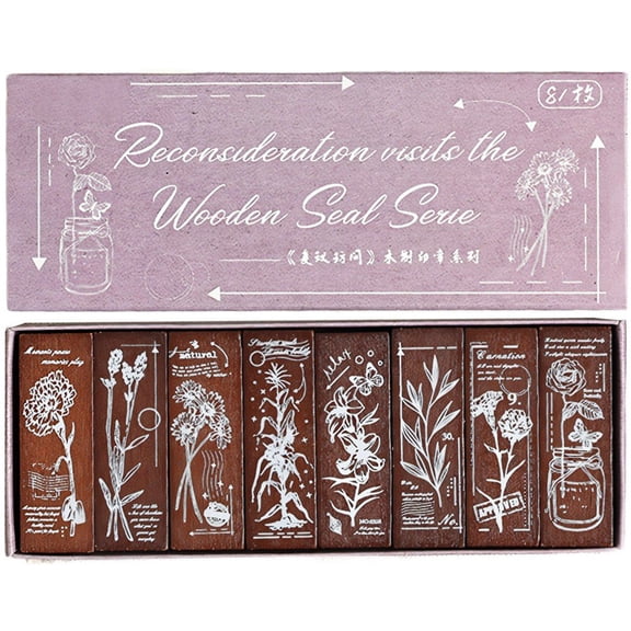8 Pcs Vintage Rubber Stamps, Floral Pattern Stamp Set, Wooden Stamps For Scrapbooking Stationery Stamping Photo Album, Greeting Cards DIY Craft