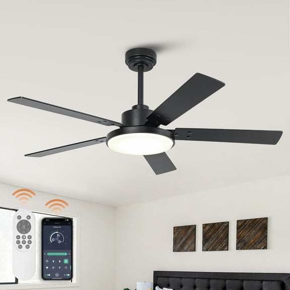 52" Modern Black DC Motor Smart Ceiling Fan with Integrated Light and Remote Control