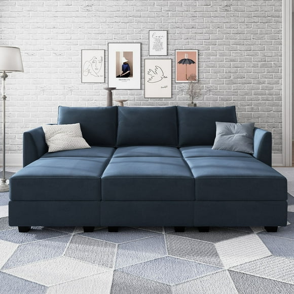 HONBAY Elegant Velvet Convertible Sleeper Sectional Sofa Bed with Storage, Navy Blue