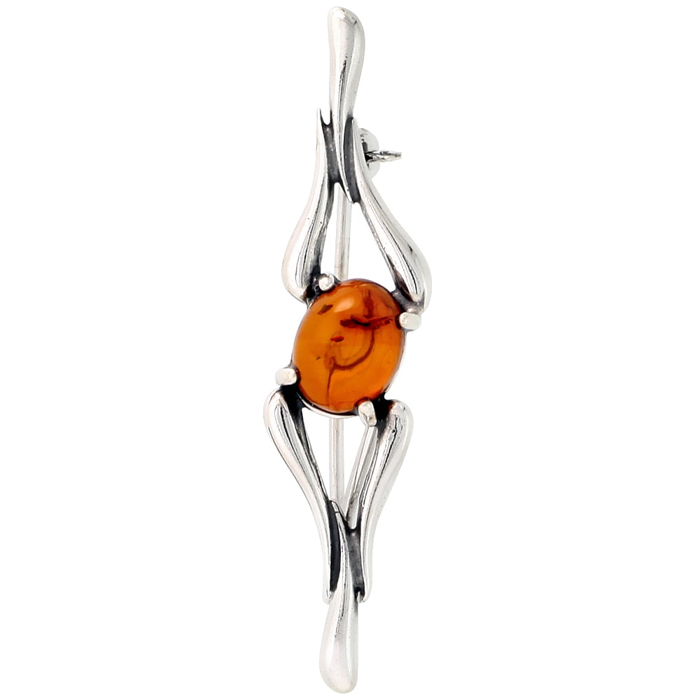 Sterling Silver Oval Cabochon Russian Baltic Amber Brooch Pin, 1 9 16 inch wide by WorldJewels