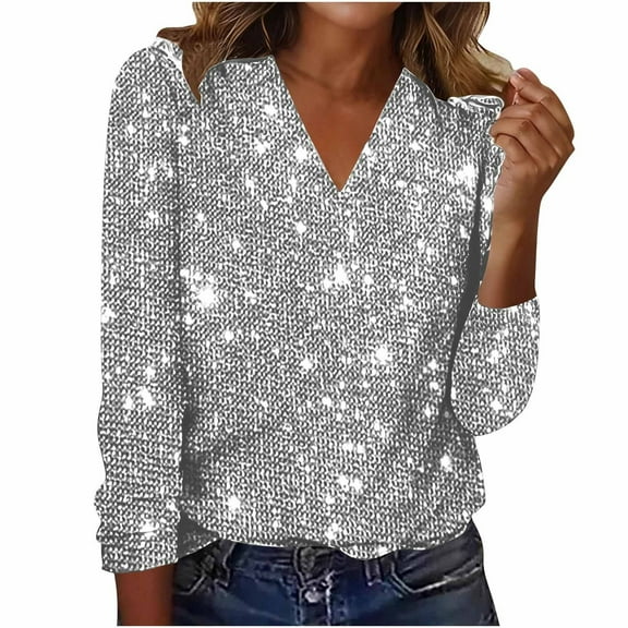 Womens Shiny Fall Clothes, Sparkly Tops for Women Fashion Loose Fit Solid Color Sequins V Neck Long Sleeve Shirts