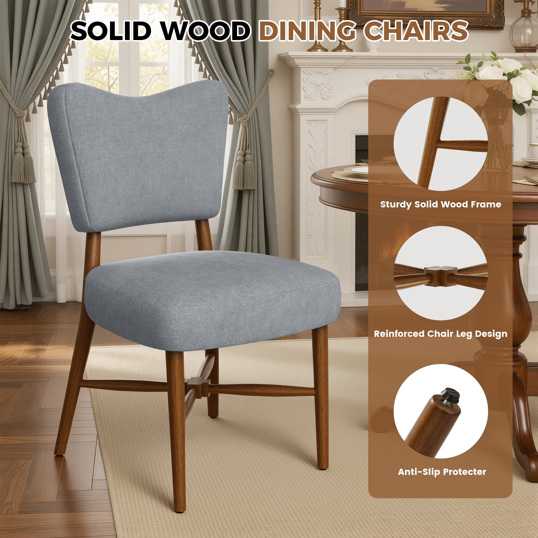 MOONMISS Upholstered Dining Chairs(Set of 2), Modern Farmhouse Accent Chairs with Solid Wood Legs, Fabric Kitchen & Dining Room Chairs,Gray
