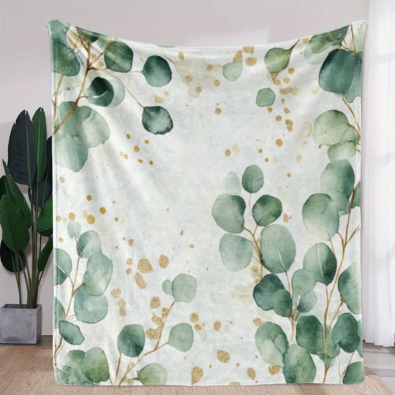 Luxurious Soft Flannel Throw Blanket with Elegant Green Leaf & Golden Dot Print - Cozy, Warm, and Comfortable for Sofa, Bed, Car, Office, Camping, Travel - Ideal All-Season Gift, Blanket